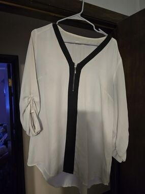 Maurices Cream Blouse with Black Trim and Center Zip